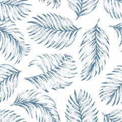 Seamless exotic pattern with palm leaves in linear style. Brush drawn tropical palm leaves wallpaper. Handdrawn vector ink illustration. Botanical graphic design for print. Grunge tropical foliage.