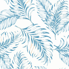 Seamless exotic pattern with palm leaves in linear style. Brush drawn tropical palm leaves wallpaper. Handdrawn vector ink illustration. Botanical graphic design for print. Grunge tropical foliage.
