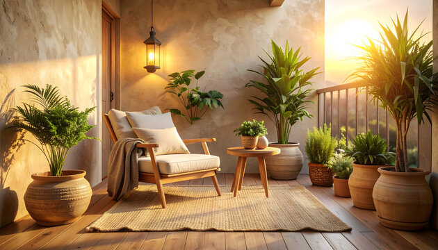 Cozy interior design of the balcony, eco organic texture, lights colors, sabi wabi style