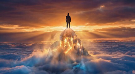 Powerful surreal concept of businessman silhouette standing on floating crystal mountain peak at sunset, symbolizing ultimate success, victory, and peak achievement in business.