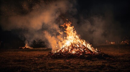 Fiery Blaze Illuminates the Night Sky at a Rustic Bonfire with Embers Rising and Dark Surroundings Creating a Magical Atmosphere of Warmth and Community