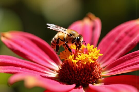 Close-up of a bee gathering nectar from a colorful flower.