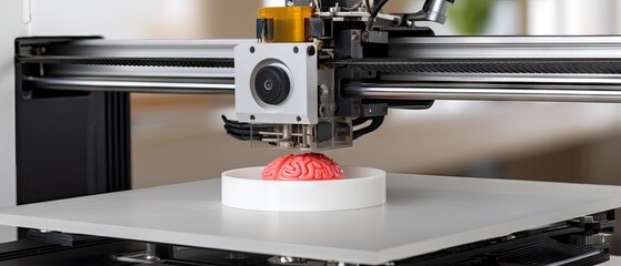 Close-up of high-tech machine printing red brain shapes on plastic material in laboratory with neon lighting during an experimental activity