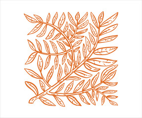 Whimsical hand drawn plant branch with leaves. Wild nature, forest.