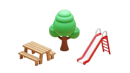 Cartoon Playground Scene with Picnic Table, Tree and Slide