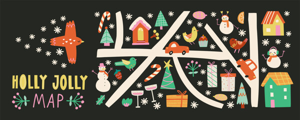 Christmas new year clipart map. Holiday gifts, houses, christmas tree, birds, cars and roads. Holiday seasonal vector illustrations in retro groovy style