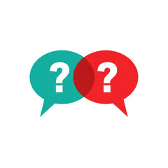 Two overlapping teal and red vector speech bubbles containing white question marks, rendered in a clean minimalist style on a solid white background. Concept of interactive inquiry and faq dialogue