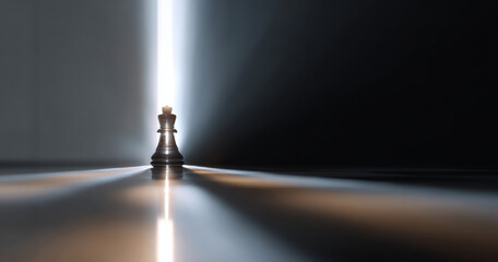 Single chess king piece illuminated by a vertical beam of light in a dark room symbolizing power and leadership