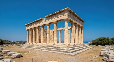 Obraz premium Ancient stone temple with tall columns under a cloudless blue sky, partially ruined