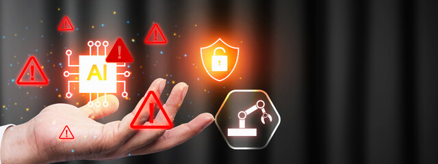 Hand is holding glowing icons representing AI, security, and automation, surrounded by warning symbols, suggesting potential dangers. Concept of artificial intelligence risk management