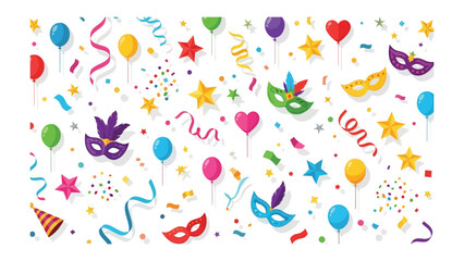 Carnival Fiesta: A vibrant explosion of party elements including festive mask, whimsical stars, floating balloons, colorful confetti, and joyful ribbons creates a celebratory atmosphere.