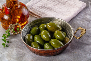Marinated green organic Greek olives