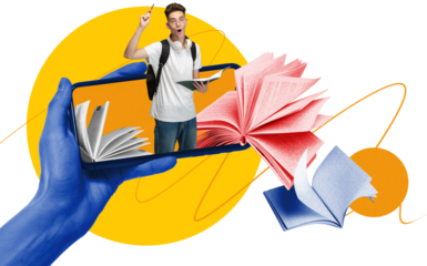 Bold collage of surprised teen emerging from smartphone with swirling books on transparent background. Concept of mobile education discovery, creative curiosity and expressive learning emotion.