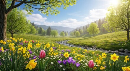 A serene, vibrant spring landscape with a stream flowing through a meadow filled with colorful daffodils and tulips, under a clear blue sky with scattered clouds.