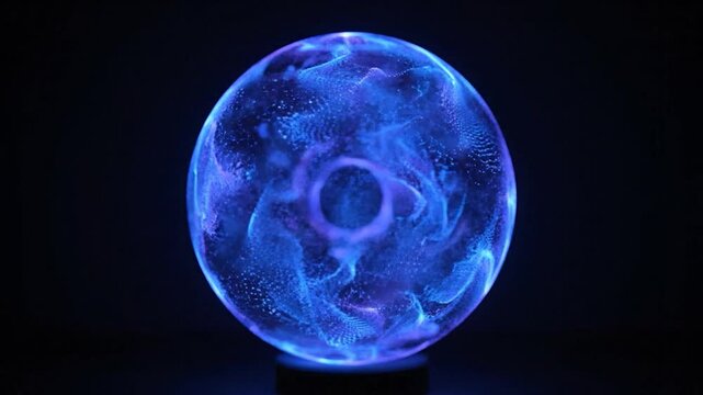 Luminous blue and purple plasma sphere with swirling energy patterns on a dark background