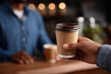 Customer holding a takeaway coffee cup while engaging in conversation with a barista at a cafe, showcasing a warm and inviting atmosphere with soft lighting