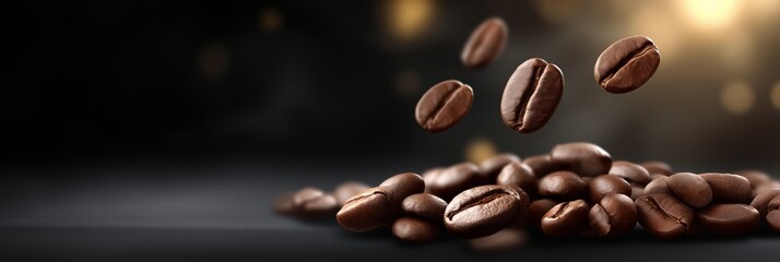 Flying coffee beans in mid-air over a deep charcoal background, showcasing rich textures and dynamic movement, perfect for coffee lovers and culinary enthusiasts