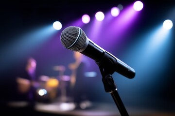 Microphone on stage with vibrant blue and purple lighting, showcasing a band performing in the background, creating an energetic atmosphere for live music events