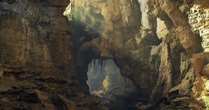 Nestled in a remote area, a vast cave features impressive rock formations and patches of vibrant greenery. Sunlight filters through, creating an enchanting atmosphere in this secluded natural wonder.