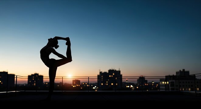 Woman Practicing Yoga Pose at Sunset Over Cityscape Skyline With Silhouette Details and Warm Urban Lights-gigapixel-art-scale-6_00x.jpg - Powered by Adobe