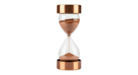 Classic brass and glass hourglass measuring time with flowing sand against transparent background object symbolizing deadline countdown png