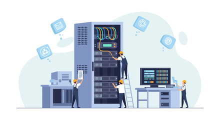 Dedicated team maintaining server room infrastructure, ensuring seamless connectivity and data security, vital for cloud computing and IT operations