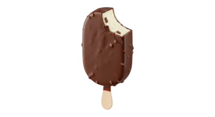 Delicious chocolate covered vanilla ice cream bar on wooden stick with bite taken out frozen summer refreshment transparent cutout png