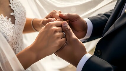 Close-up of a bride and groom holding hands during their wedding ceremony, showing their rings and commitment.