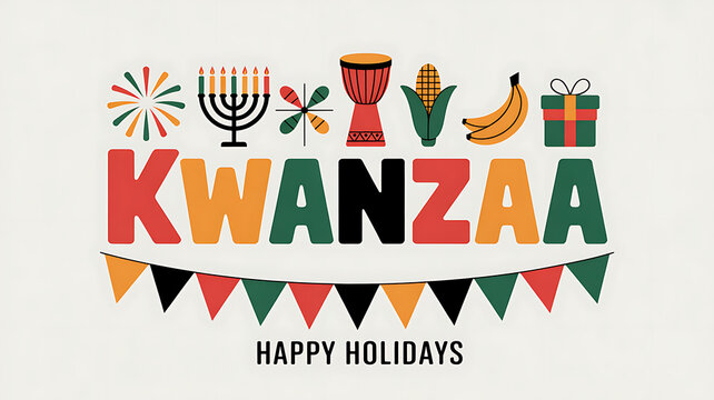 Vibrant kwanzaa celebration design with traditional symbols like kinara, mkeka, mazao and zawadi, representing unity, creativity and faith, inviting festive spirit of african