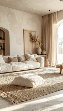 Cozy interior design of the living room, eco organic texture, lights colors, sabi wabi style