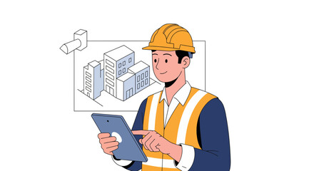 Modern architect reviewing building plans on tablet, wearing hard hat and vest, perfect for construction industry promotions and architectural design solutions