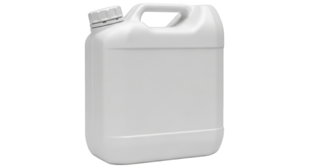 White plastic jerrican container with handle and cap for liquids chemicals or fuel isolated on transparent background