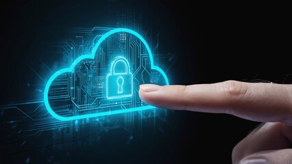 Human finger touching digital glowing cloud icon with padlock symbol secure cloud computing, online data protection, cybersecurity, encryption technology, privacy system virtual storage safety concept