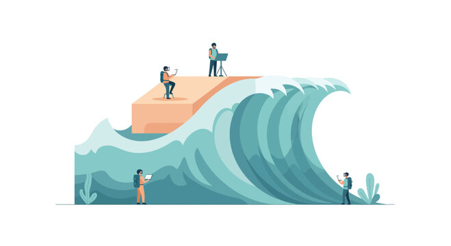 Dynamic team navigating market volatility and disruption with digital tools, symbolizing resilience and innovation in a changing business landscape