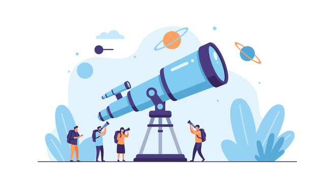 Explore space with friends using a powerful telescope and discover vibrant planets in a flat design, perfect for educational materials and scientific projects