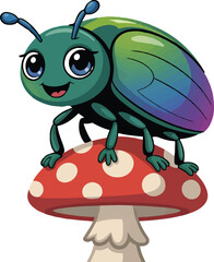 Cute cartoon beetle with vibrant iridescent shell resting on a red and white spotted mushroom, nature illustration