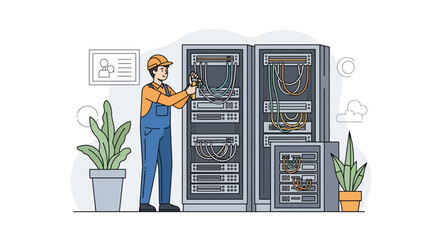 Skilled technician maintaining data center servers with care, ensuring network stability for seamless business operations in a modern, connected world