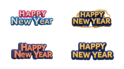 Four distinct 3D 'Happy New Year' text designs in various colors and styles, isolated on a white background, perfect for celebrations.