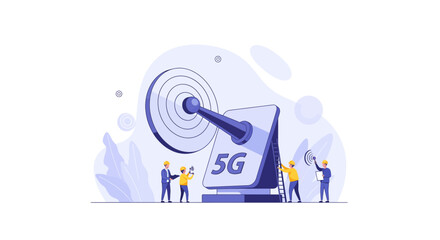Engineers constructing cutting-edge 5G technology for faster connectivity and seamless communication with high-speed internet access worldwide