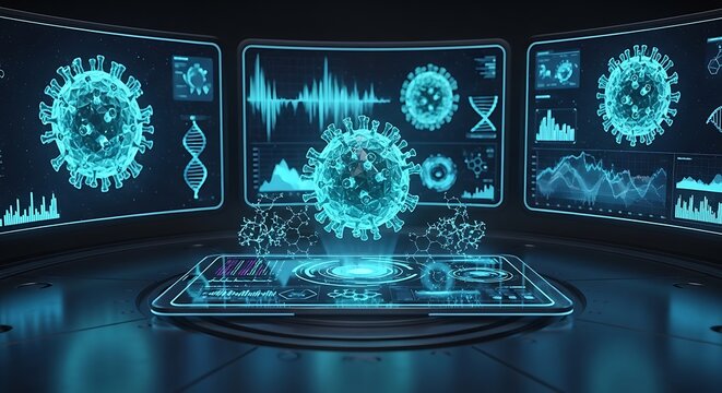 Futuristic digital display of coronavirus and medical data analysis - Powered by Adobe