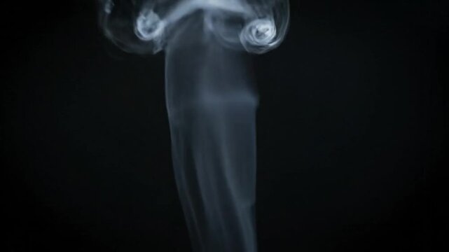 Wispy white smoke elegantly curls upwards, forming abstract shapes on a deep black background
