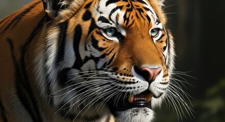 A tiger with a detailed fur pattern, looking directly at the camera with a focused gaze.