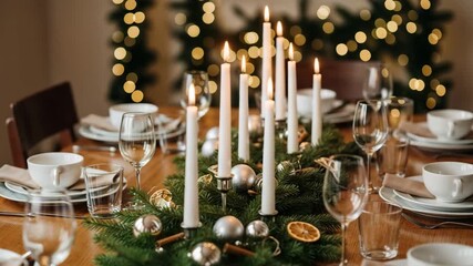 Festive Christmas dinner table setting with burning candles and fir branches. Elegant holiday dining decoration with silver baubles and bokeh lights - Powered by Adobe