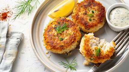 Authentic Maryland Crab Cakes &ndash; Lump Crab Meat Patties with Tartar Sauce & Lemon, Crispy Pan-Seared North American Delicacy