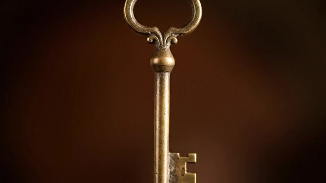 Close-up of an ornate, vintage brass skeleton key against a warm, dark brown background