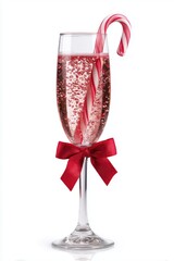 Festive champagne flute with candy cane and red bow