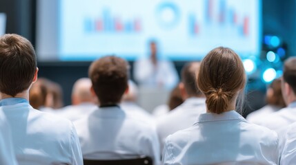 Medical Conference Audience: Doctors and Students Attending Professional Re-qualification Seminar and Knowledge Exchange Lecture in Modern Hospital Hall