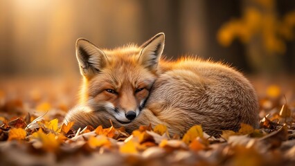 Naklejka premium Adorable fox is resting in autumn leaves warmly