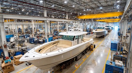 Elegant photo of Large boat manufacturing facility with multiple yachts in production