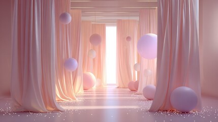 Pastel pink holiday interior with geometric curtains and floating spheres, creating a dreamy atmosphere for Christmas and New Year celebrations, perfect for festive decor inspiration